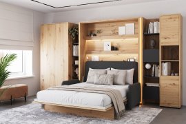 Set bestehend aus Schrankbett BC-13, Kopfteil BC-33, Sofa BC-35, 3x LED, Schränken BC-20, BC-24, BC-23, BC-08 – Artisan, Matratze – 180x200 cm – Eiche Artisan/Grafit