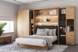 Set: Bett im Schrank BC-13, Kopfteil BC-33 mit 1x LED, Schränke BC-20, BC-24, BC-23, BC-08 – Artisan, Matratze – 180x200 cm – Eiche Artisan/Grafit