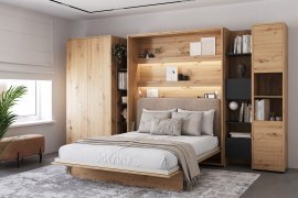 Set: Bett im Schrank BC-13, Kopfteil BC-33, 1x LED, Schränke BC-20, BC-24, BC-23, BC-08 – Artisan, Matratze – 180x200 cm – Eichenholz Artisan/Beige