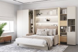 Set: Bett im Schrank BC-13, Kopfteil BC-33, Sofa BC-35, 3x LED, Schränke BC-20, BC-24, BC-23, BC-08 – Kaschmir, Matratze – 180x200 cm – Kaschmir/Beige