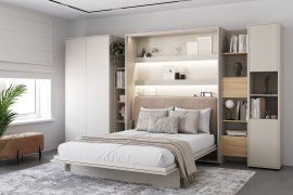 Set aus Schrankbett BC-13, Kopfteil BC-33, 1x LED, Schränken BC-20, BC-24, BC-23, BC-08 – Kaschmir, Matratze – 180x200 cm – Kaschmir/Beige