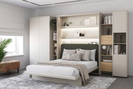 Set bestehend aus Bett im Schrank BC-13, Kopfteil BC-33, 1x LED, Schränke BC-20, BC-24, BC-23, BC-08 – Kaschmir, Matratze – 180x200 cm – Kaschmir/Grün