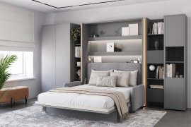 Set bestehend aus Schrankbett BC-13, Kopfteil BC-33, Sofa BC-35, 3x LED, Schränken BC-20, BC-24, BC-23, BC-08 – grau, Matratze – 180x200 cm – grau
