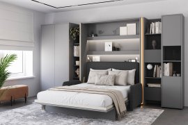 Komplettset Bett im Schrank BC-13, Kopfteil BC-33, Sofa BC-35, 3x LED, Schränke BC-20, BC-24, BC-23, BC-08 – grau, Matratze – 180x200 cm – grau/Grafit