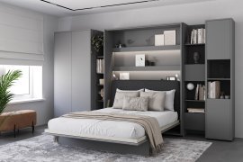 Set bestehend aus Schrankbett BC-13, Kopfteil BC-33, 1x LED, Schränken BC-20, BC-24, BC-23, BC-08 – grau, Matratze – 180x200 cm – grau/Grafit