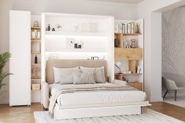 Set bestehend aus Schrankbett BC-13, Kopfteil BC-33, Sofa BC-35, 3x LED, Schränken BC-21, BC-24, BC-22 – in Weiß, Matratze – 180x200 cm – Weiß/Beige
