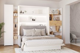 Set: Bett-im-Schrank BC-13, Kopfteil BC-33, Sofa BC-35, 3x LED, Schränke BC-21, BC-24, BC-22 – weiß, Matratze – 180x200 cm – weiß/grau