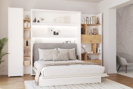Komplettset: Bett im Schrank BC-12, Kopfteil BC-17, 1x LED, Schränke BC-21, BC-24, BC-22 – weiß, Matratze – 160x200 cm – weiß/grau