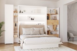 Set: Bett im Schrank BC-12, Kopfteil BC-17, 1x LED, Schränke BC-21, BC-24, BC-22 – Weiß, Matratze – 160x200 cm – Weiß/Beige