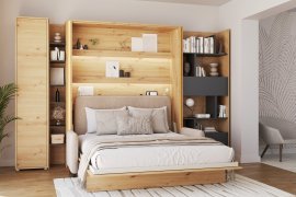 Set: Bett-im-Schrank BC-12, Kopfteil BC-17, Sofa BC-19, 3x LED, Schränke BC-21, BC-24, BC-22 – Artisan, Matratze – 160x200 cm – Eiche Artisan/Beige
