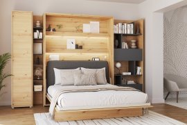 Komplettset Bett im Schrank BC-12, Kopfteil BC-17, 1x LED, Schränke BC-21, BC-24, BC-22 – Artisan, Matratze – 160x200 cm – Eiche Artisan/Grafit