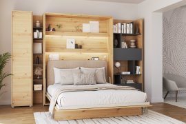 Set: Bett im Schrank BC-12, Kopfteil BC-17, 1x LED, Schränke BC-21, BC-24, BC-22 – Artisan, Matratze – 160x200 cm – Eiche Artisan/Beige