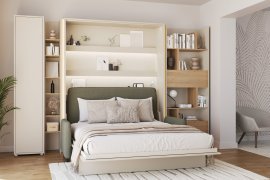 Set: Bett im Schrank BC-12, Kopfteil BC-17, Sofa BC-19, 3xLED, Schränke BC-21, BC-24, BC-22 – Kaschmir, Matratze – 160x200 cm – Kaschmir/Grün