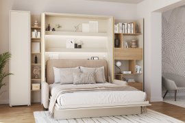 Set: Bett im Schrank BC-12, Kopfteil BC-17, Sofa BC-19, 3x LED, Schränke BC-21, BC-24, BC-22 – Kaschmir, Matratze – 160x200 cm – Kaschmir/Beige