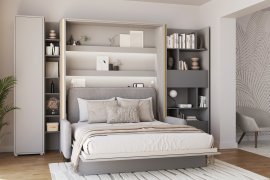 Set: Bett im Schrank BC-12, Kopfteil BC-17, Sofa BC-19, 3xLED, Schränke BC-21, BC-24, BC-22 – grau, Matratze – 160x200 cm – grau