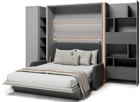 Bed Concept - Set aus Bett im Schrank BC-12, Kopfteil BC-17, Sofa BC-19, 3x LED, Schränke BC-21, BC-24, BC-22 – grau, Matratze – 160x200 cm – grau/grafit