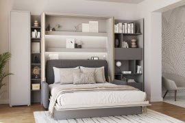 Set aus Bett im Schrank BC-12, Kopfteil BC-17, Sofa BC-19, 3x LED, Schränke BC-21, BC-24, BC-22 – grau, Matratze – 160x200 cm – grau/grafit