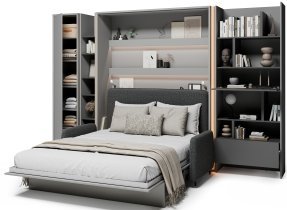 Bed Concept - Set aus Bett im Schrank BC-12, Kopfteil BC-17, Sofa BC-19, 3x LED, Schränke BC-21, BC-24, BC-22 – grau, Matratze – 160x200 cm – grau/grafit