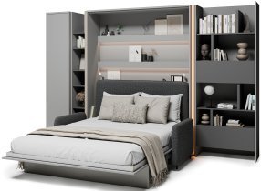 Bed Concept - Set aus Bett im Schrank BC-12, Kopfteil BC-17, Sofa BC-19, 3x LED, Schränke BC-21, BC-24, BC-22 – grau, Matratze – 160x200 cm – grau/grafit