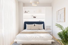 Set: Bett im Schrank BC-12, Kopfteil BC-17, 1x LED, Schränke BC-07, Matratze – 160x200 cm – Weiß/Blau