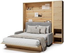 Bed Concept - Set bestehend aus Schrankbett BC-13, Kopfteil BC-33, Sofa BC-35, 3x LED, Schränken BC-07 und Matratze – 180x200 cm – Eiche Artisan/Grau