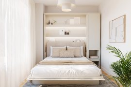 Set: Bett im Schrank BC-12, Kopfteil BC-17, 1x LED, Schränke BC-07, Matratze – 160x200 cm – Kaschmir/Beige