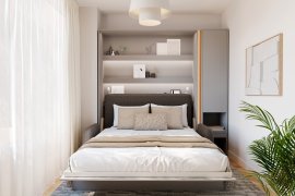 Set bestehend aus Bett-im-Schrank BC-12, Kopfteil BC-17, Sofa BC-19, 3x LED-Beleuchtung, Schränken BC-07 und Matratze – 160x200 cm – grau/grafit