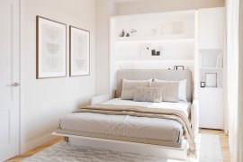 Set: Bett im Schrank BC-12, Kopfteil BC-17, Sofa BC-19, 3x LED, Schränke BC-08, Matratze – 160x200 cm – Weiß/Beige