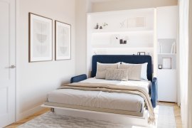 Set: Bett im Schrank BC-12, Kopfteil BC-17, Sofa BC-19, 3xLED, Schränke BC-08, Matratze – 160x200 cm – weiß/blau