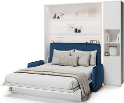 Bed Concept - Set: Bett im Schrank BC-12, Kopfteil BC-17, Sofa BC-19, 3xLED, Schränke BC-08, Matratze – 160x200 cm – weiß/blau