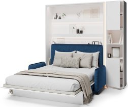 Bed Concept - Set: Bett im Schrank BC-12, Kopfteil BC-17, Sofa BC-19, 3xLED, Schränke BC-08, Matratze – 160x200 cm – weiß/blau