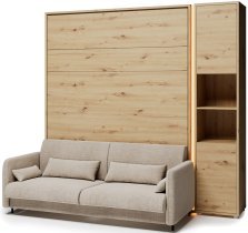 Bed Concept - Set: Bett im Schrank BC-12, Kopfteil BC-17, Sofa BC-19, 3xLED, Schränke BC-08, Matratze – 160x200 cm – Eiche Artisan/Beige