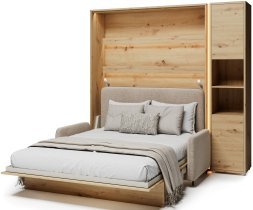 Bed Concept - Set: Bett im Schrank BC-12, Kopfteil BC-17, Sofa BC-19, 3xLED, Schränke BC-08, Matratze – 160x200 cm – Eiche Artisan/Beige