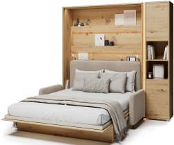 Bed Concept - Set: Bett im Schrank BC-12, Kopfteil BC-17, Sofa BC-19, 3xLED, Schränke BC-08, Matratze – 160x200 cm – Eiche Artisan/Beige
