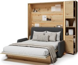 Bed Concept - Set: Bett im Schrank BC-01, Kopfteil BC-16, Sofa BC-18, 3x LED, Schränke BC-08, Matratze – 140x200 cm – Eiche Artisan/Grafit