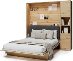 Bed Concept - Set aus Schrankbett BC-01, Kopfteil BC-16, 1xLED, Schränken BC-08 und Matratze – 140x200 cm – Eiche Artisan/Grafit