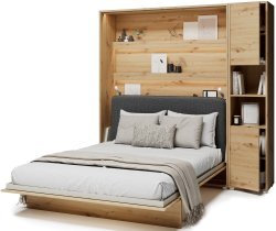 Bed Concept - Set aus Schrankbett BC-01, Kopfteil BC-16, 1xLED, Schränken BC-08 und Matratze – 140x200 cm – Eiche Artisan/Grafit