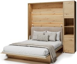 Bed Concept - Set: Bett im Schrank BC-12, Kopfteil BC-17, 1x LED, Schränke BC-08, Matratze – 160x200 cm – Eiche Artisan/Beige