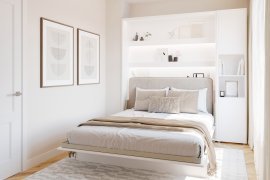 Set: Bett im Schrank BC-12, Kopfteil BC-17, 1x LED, Schränke BC-08, Matratze – 160x200 cm – Weiß/Beige