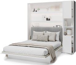 Bed Concept - Set Bett im Schrank BC-01, Kopfteil BC-16, 1xLED, Schränke BC-08, Matratze – 140x200 cm – weiß/grau
