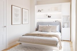 Set bestehend aus Bett im Schrank BC-13, Kopfteil BC-33, 1x LED, Schränken BC-08 und Matratze – 180x200 cm – Weiß/Grau