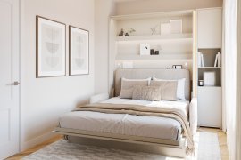 Set: Bett im Schrank BC-01, Kopfteil BC-16, Sofa BC-18, 3xLED, Schränke BC-08, Matratze – 140x200 cm – Kaschmir/Beige