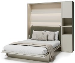Bed Concept - Set: Bett im Schrank BC-01, Kopfteil BC-16, 1x LED, Schränke BC-08, Matratze – 140x200 cm – Kaschmir/Grün