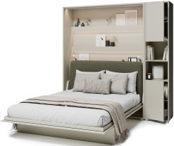 Bed Concept - Set: Bett im Schrank BC-01, Kopfteil BC-16, 1x LED, Schränke BC-08, Matratze – 140x200 cm – Kaschmir/Grün