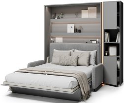 Bed Concept - Set: Bett im Schrank BC-01, Kopfteil BC-16, Sofa BC-18, 3x LED, Schränke BC-08, Matratze – 140x200 cm – grau