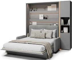 Bed Concept - Set: Bett im Schrank BC-01, Kopfteil BC-16, Sofa BC-18, 3x LED, Schränke BC-08, Matratze – 140x200 cm – grau