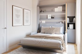 Set: Bett im Schrank BC-01, Kopfteil BC-16, Sofa BC-18, 3x LED, Schränke BC-08, Matratze – 140x200 cm – grau