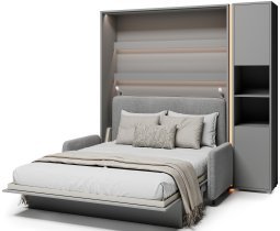 Bed Concept - Set: Bett im Schrank BC-01, Kopfteil BC-16, Sofa BC-18, 3x LED, Schränke BC-08, Matratze – 140x200 cm – grau