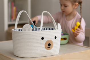 Chomik - Kinder-Spielzeugkorb mit Griffen und Tiermotiv, Größe L – weiß – NIZ5073