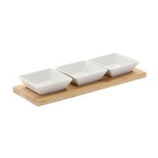 Servierset für Vorspeisen – 3 quadratische Porzellanschälchen mit Bambusbrett 28x10x3 cm *7231